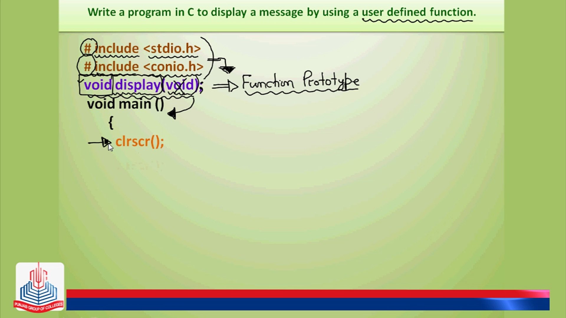 C program: Write a program to display a message by using a user defined  function.