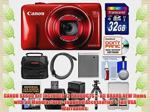Canon PowerShot SX600 HS Wi-Fi Digital Camera (Red) with 32GB Card Case Battery