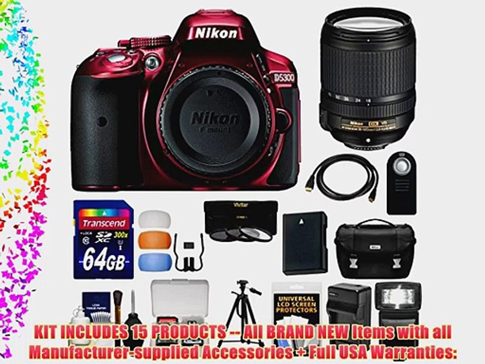 Nikon D5300 Digital SLR Camera Body (Red) with 18-140mm VR Zoom Lens   64GB Card   Case   Flash