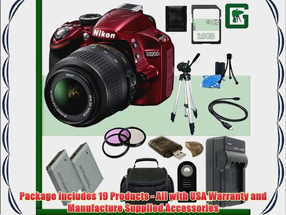Nikon D3200 CMOS DSLR Camera with 18-55mm VR Lens (Red)   16GB   Green's Camera Bundle