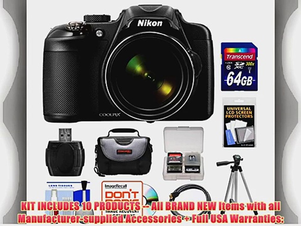 Nikon Coolpix P600 Wi-Fi Digital Camera (Black) with 64GB Card   Case   Tripod   HDMI Cable