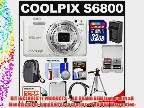 Nikon Coolpix S6800 Wi-Fi Digital Camera (White) with 32GB Card Case Battery
