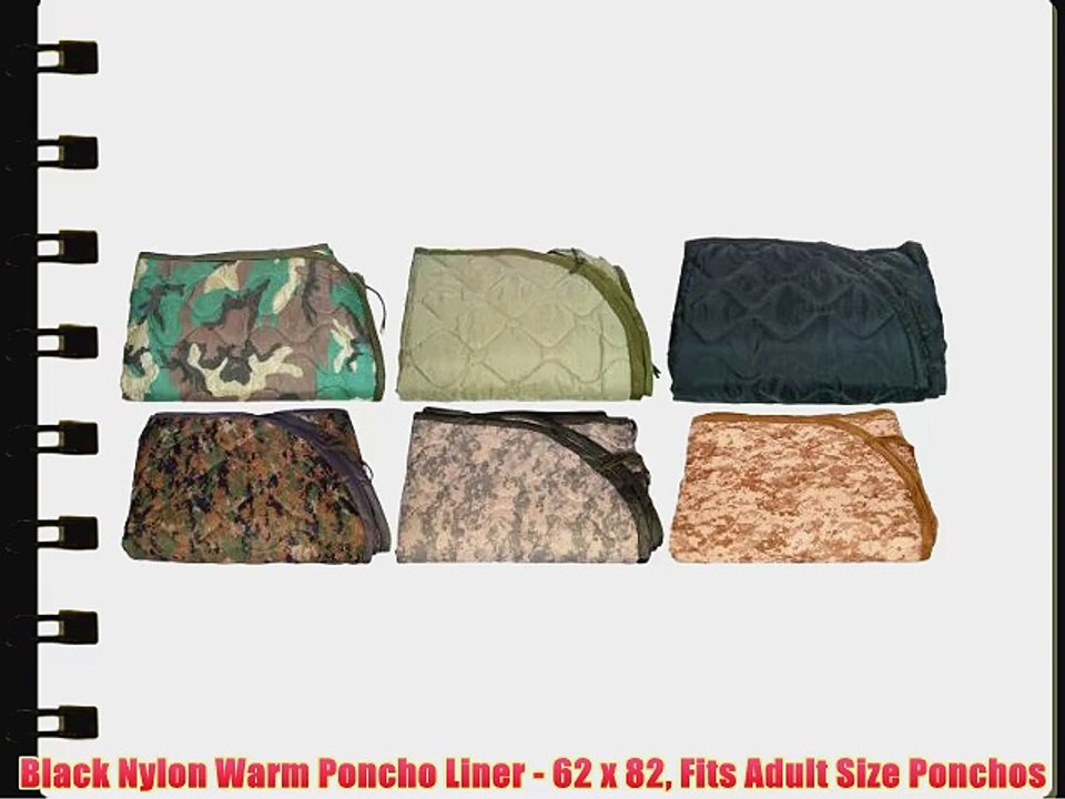 Black Nylon Warm Poncho Liner - 62 x 82 Fits Adult Size Ponchos