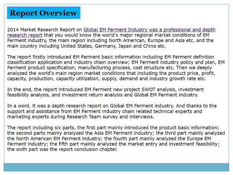 Global EM Ferment Market 2014 Size, Share, Growth, Trends, Demand and Forecast