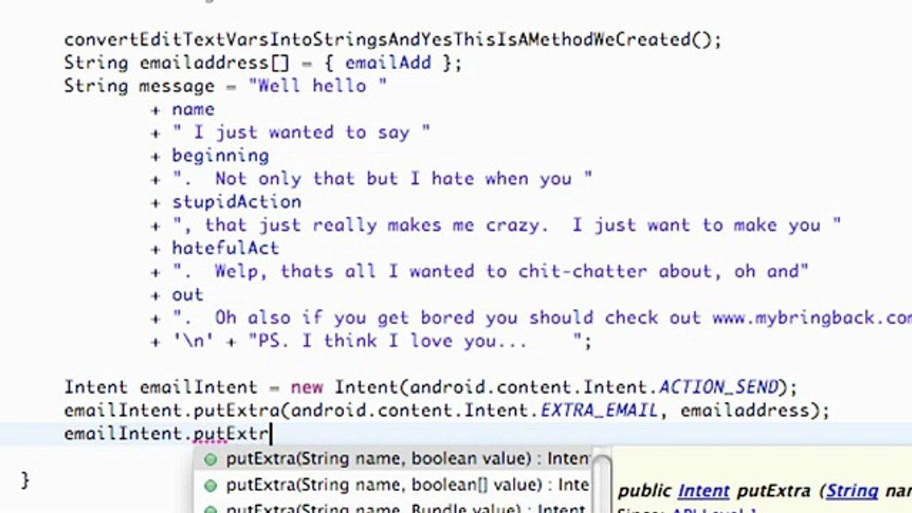Android Application Development - 37 - PutExtra method for an Email Intent