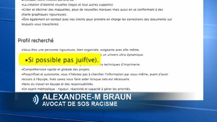 Offre d'emploi "si possible pas Juif": SOS Racisme porte plainte
