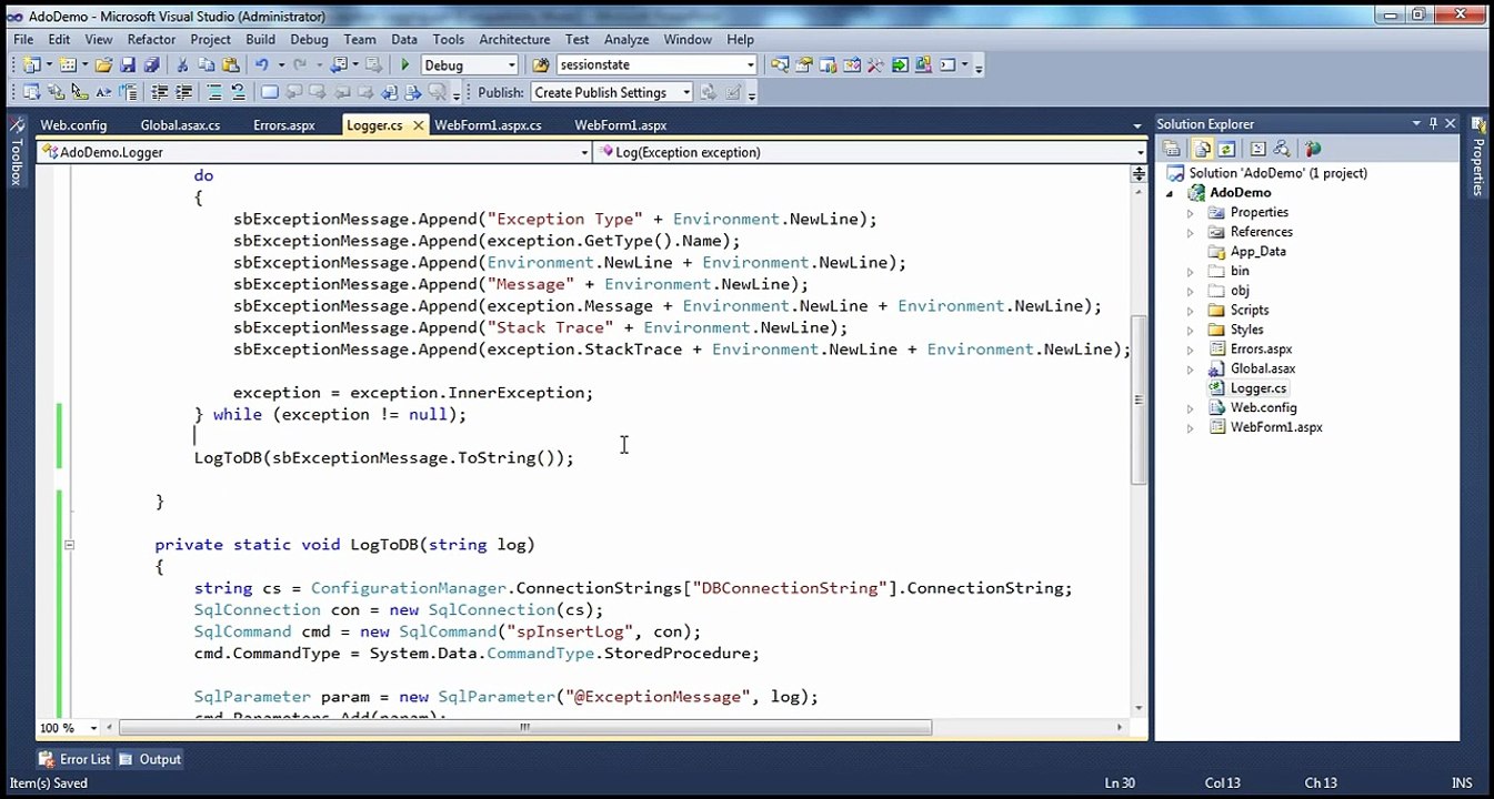 Active-Server-Pages-ASPNET-Customizing-aspnet-exception-Logging-step-by-step-Lesson-76