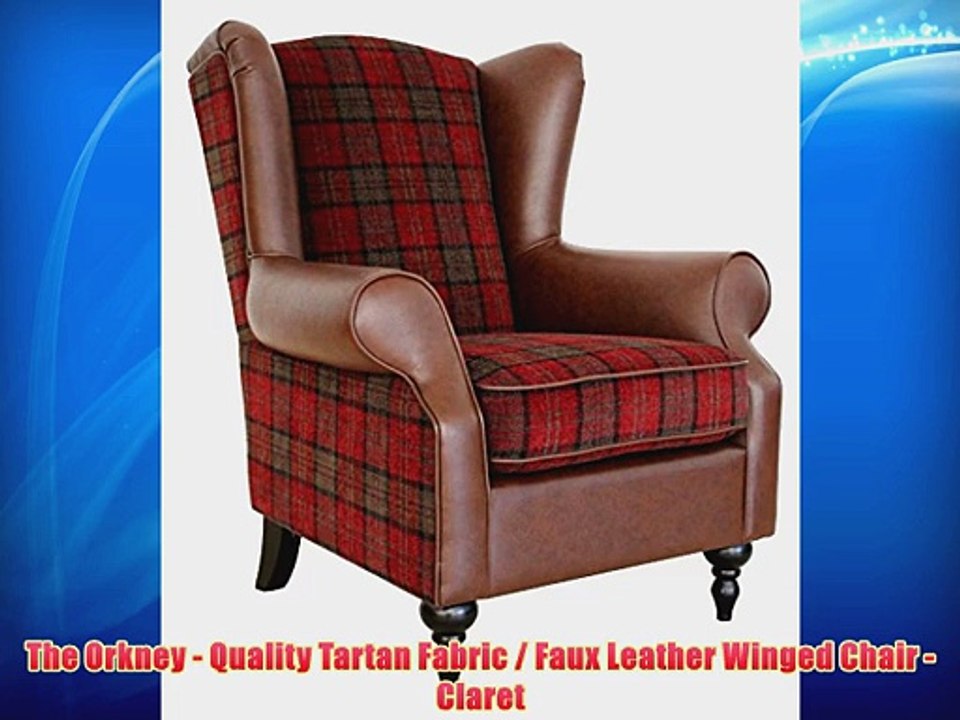 The Orkney - Quality Tartan Fabric / Faux Leather Winged Chair - Claret