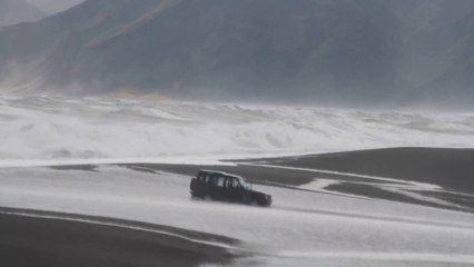 4x4 car swept away by strong flow of the lake ferry in New Zealand