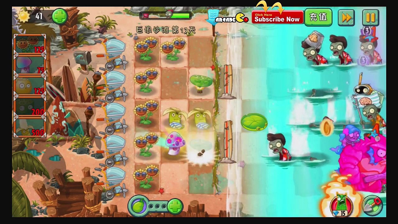 Plants Vs Zombies 2  Max Level Hypno Shroom Winter Melon Lemon Zombies Big Wave Beach Day 13