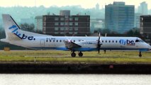 Saab 2000 FlyBe Propeller Plane Takeoff at London City Airport. Flight BE1362 to Aberdeen (ABZ). Plane G-LGNO