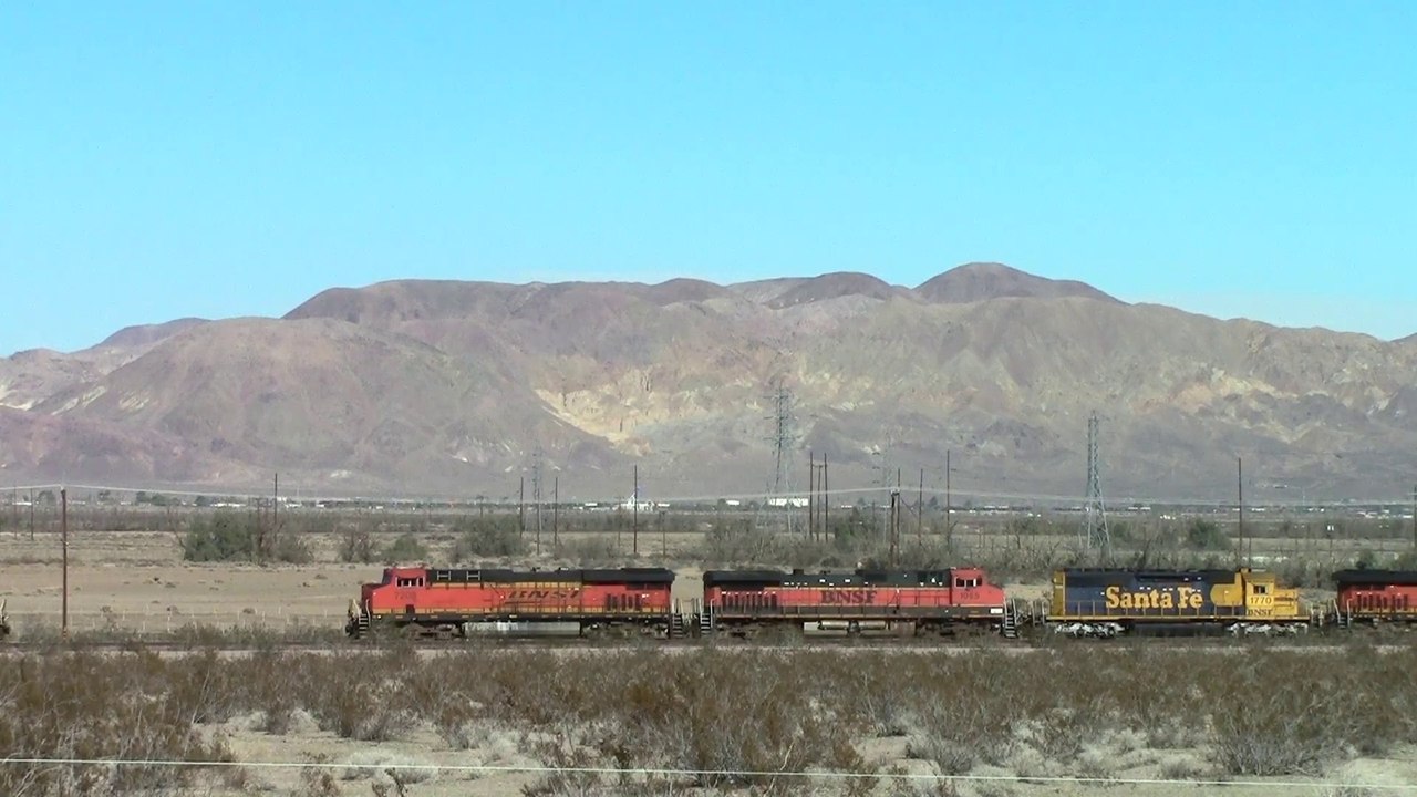 BNSF Trains Meet at Daggett, CA Santa Fe SD40-2 in consist
