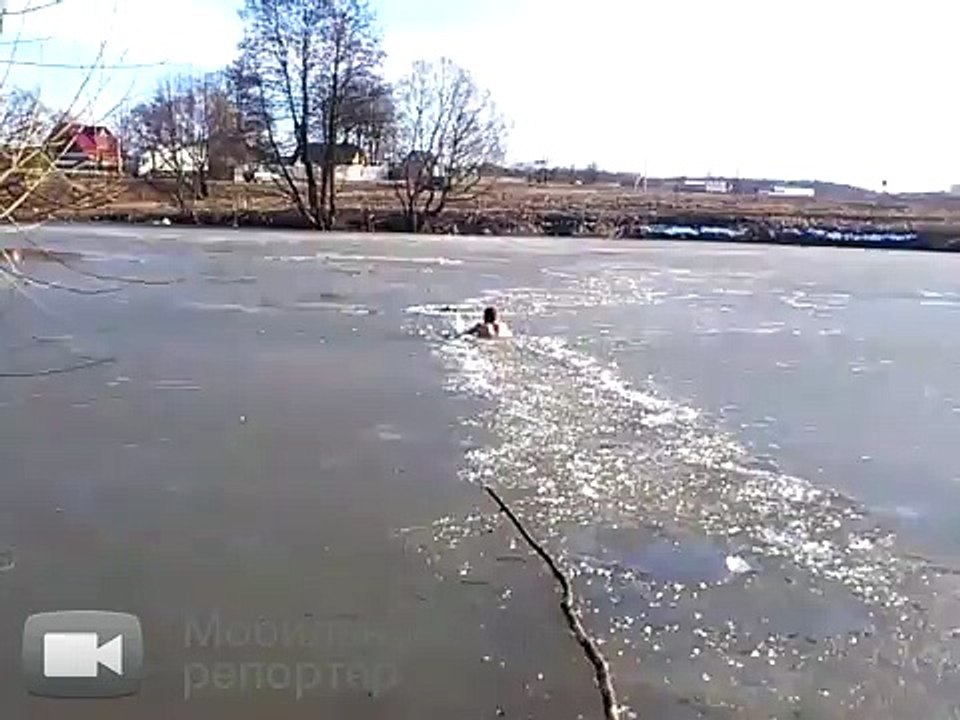 Un homme casse la glace à mains nues pour sauver un chien au milieu d'un étang gelé