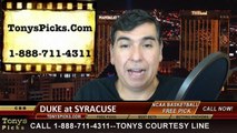 Syracuse Orange vs. Duke Blue Devils Free Pick Prediction NCAA College Basketball Odds Preview 2-14-2015