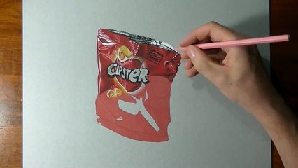 Dessin hyperréaliste d'un paquet de chips