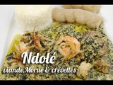 Ndolé à la viande, morue et crevettes