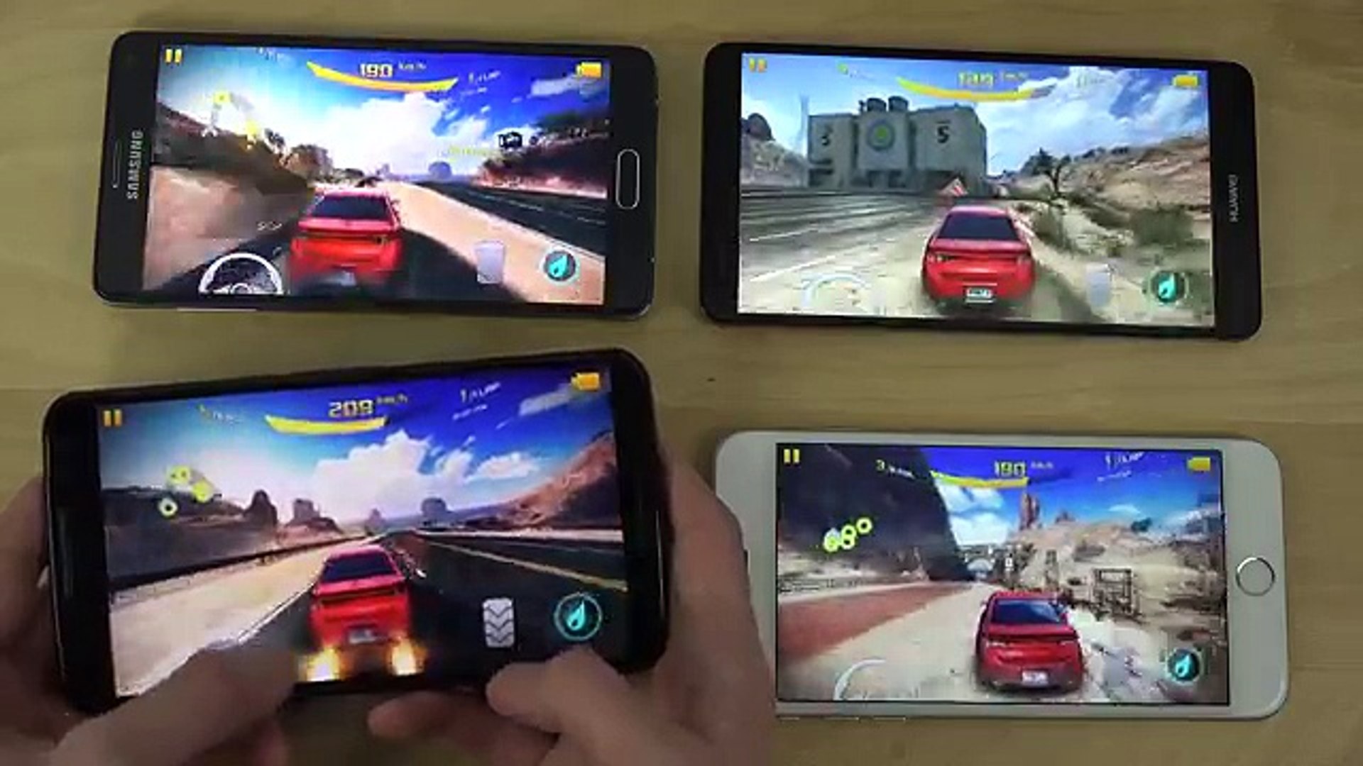 Huawei Ascend Mate 7 vs. Nexus 6 vs. Samsung Galaxy Note 4 vs. iPhone 6  Plus Asphalt 8 Gameplay, image size:1920x1080