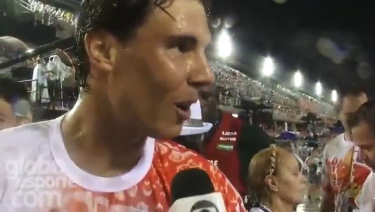 Rafael Nadal, David Ferrer and Gustavo Kuerten at carnival parade in Rio, 15 Feb 2015.