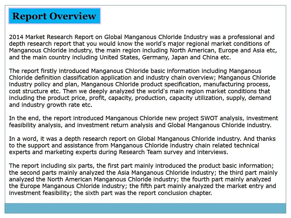 Global Manganous Chloride Market 2014 Industry Overview Size Share Research and Development
