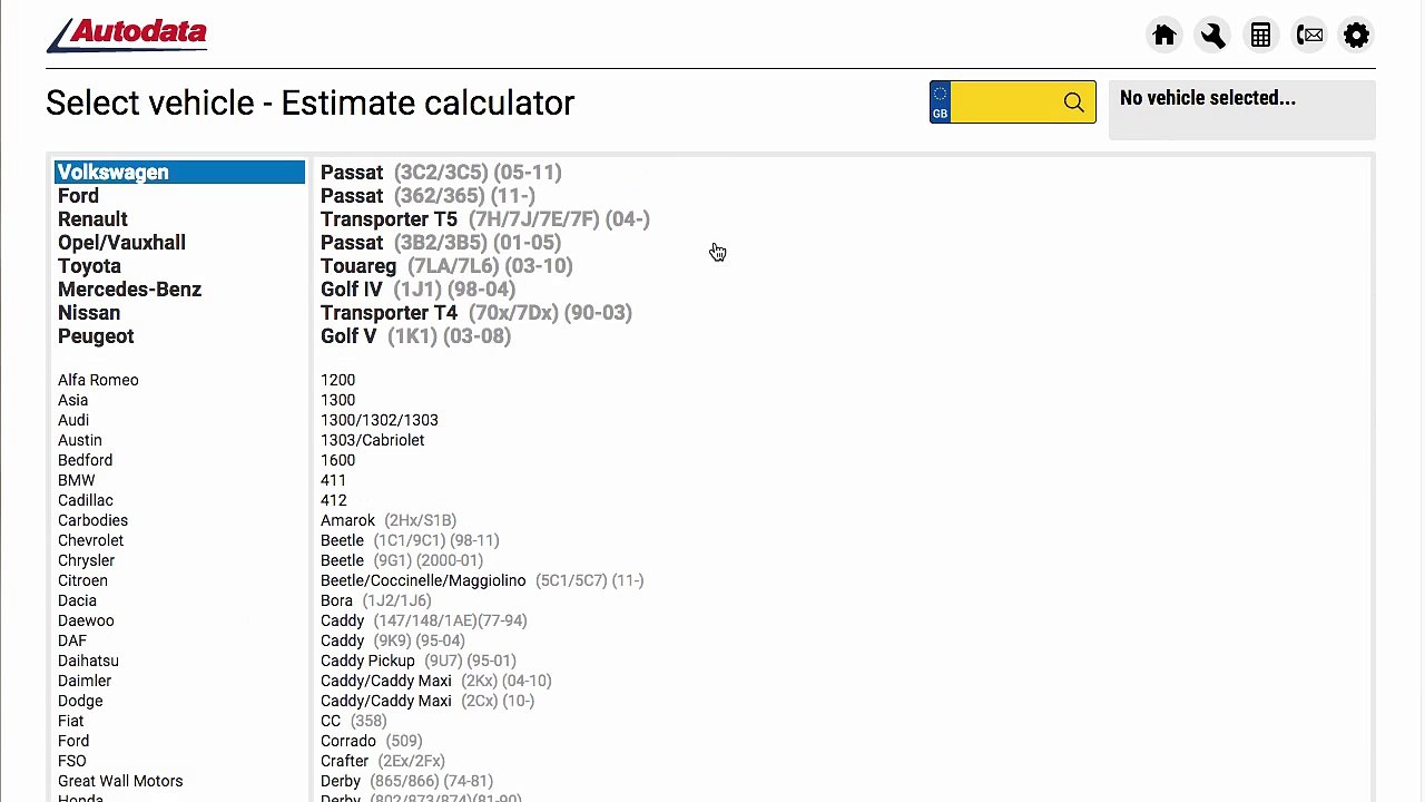 Estimate calculator on the new Autodata