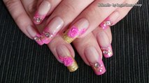 Nail Art Pink & Gold Glam With Acrylic 3D Roses   Tutorial