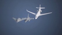 First time in History  UCAV, Fighter and Civilian Jet Flying Side by Side (Neuron, Rafale & Falcon)