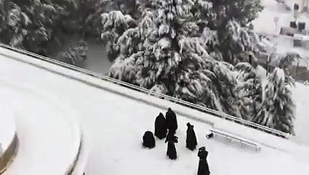 Franciscan Monks in snowball fight Jerusalem February 2015