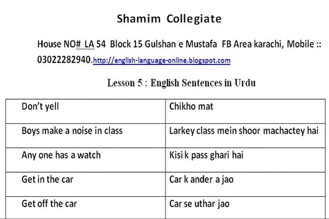 lesson five English Language  Sentences In Urdu