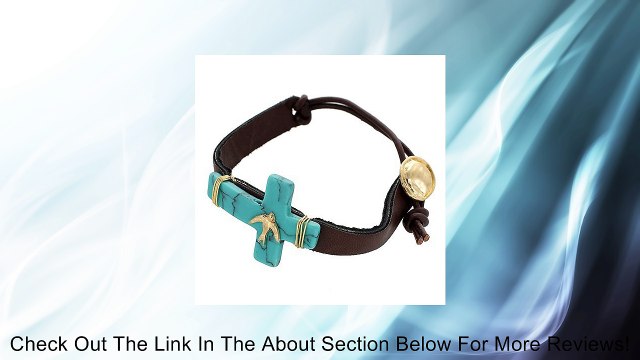 Leather Bracelet with Embellished Turquoise Cross - Bird. Worn Gold Plating. Brown Leather Bracelet. Turquoise Cross. Wire-wrap Accents. Cross Embellishment - Bird. Approx. Length: 7.5 . Button-loop Closure. Brown Leather Bracelet with Turquoise Cross, Bi