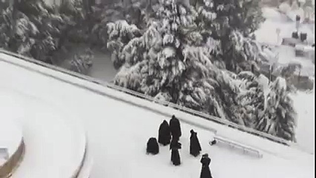 Franciscan Monks in snowball fight Jerusalem February 2015