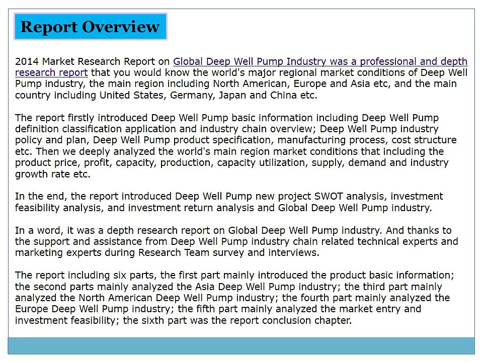 Global Deep Well Pump Market 2014 Size, Share, Growth, Trends, Demand and Forecast