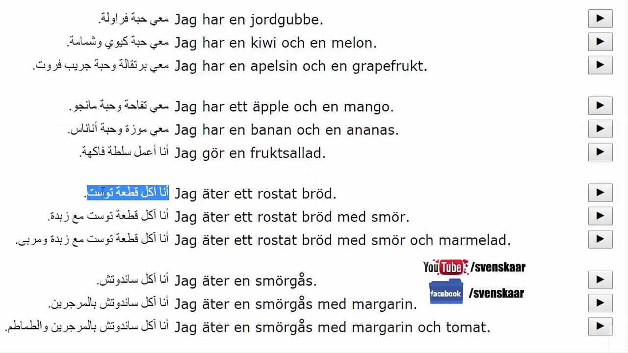 تعلم السويدية بسهولة - درس الثمار والمواد الغذائية‬- تعلم اللفظ من اللسان السويدي