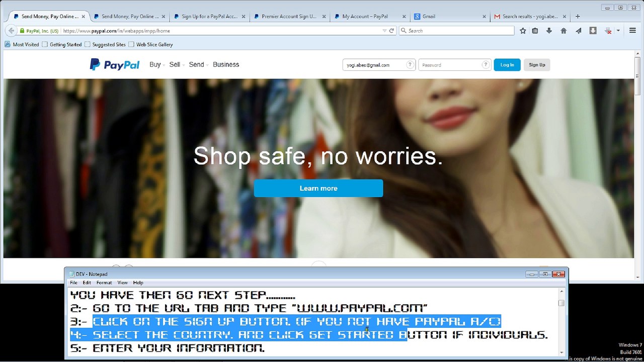 Create paypal A/C and verify Bank A/C