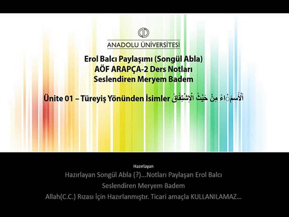 ARA1002 ARAPÇA II 1. Ünite ErolBalcı Ders Notları Türeyiş Yönünden İsimler