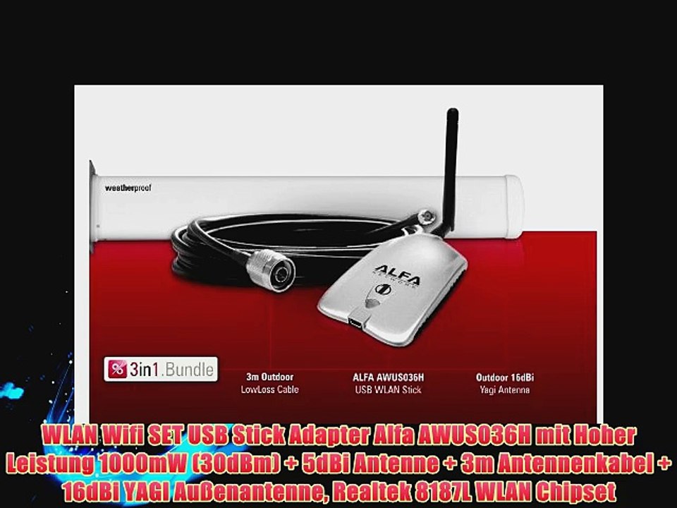 WLAN Wifi SET USB Stick Adapter Alfa AWUS036H mit Hoher Leistung 1000mW (30dBm)   5dBi Antenne