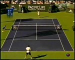 roger federer hits a shot around the post