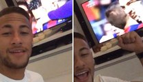 Neymar Jnr celebrates Luis Suarez's goal for Barcelona