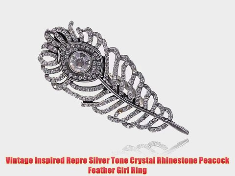 Vintage Inspired Repro Silver Tone Crystal Rhinestone Peacock Feather Girl Ring