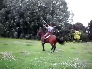 Un cheval fait du saut à la corde