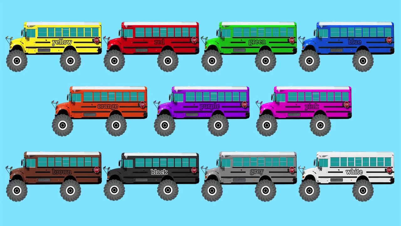 Monster Truck School Buses Teaching Colors & Crushing Words - Learning Basic Colours Video for Kids