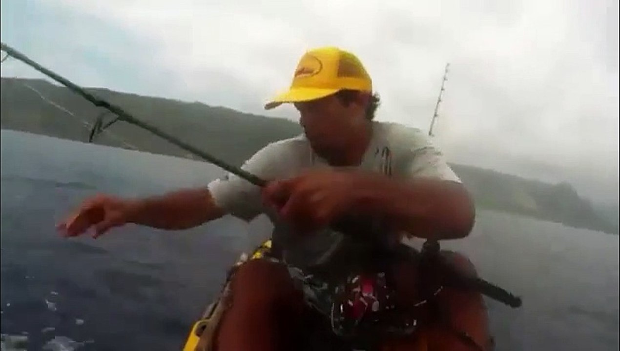 Un pécheur surpris par un requin attaquant le fruit de sa pêche