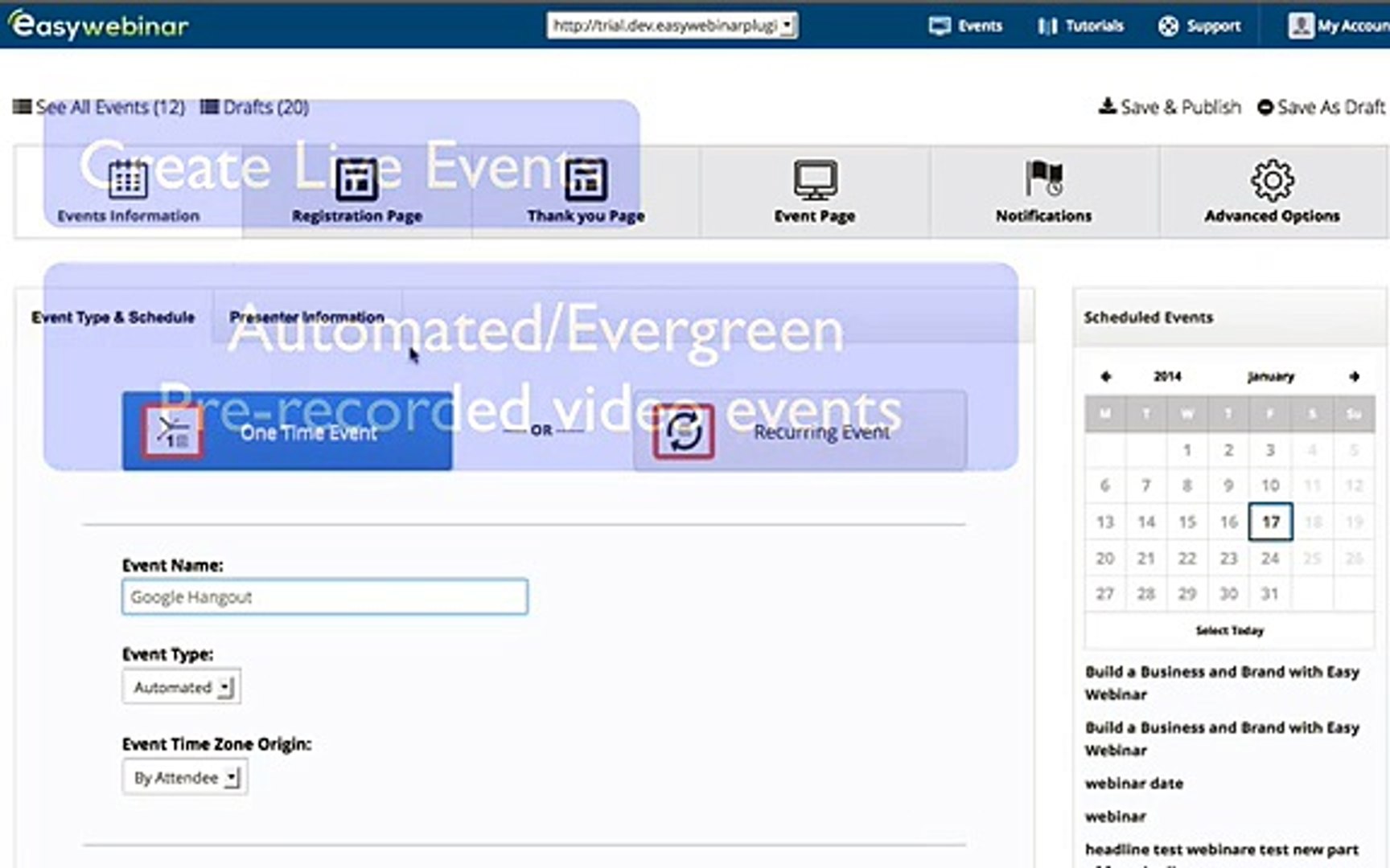EasyWebinar_ Create One Time Events Or Recurring Events for either Live or Pre-Recorded Events