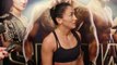 Champ Carla Esparza talks to reporters after UFC 185 workout