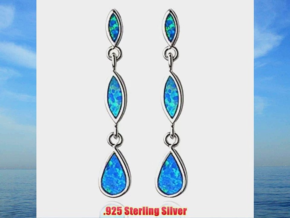 Sterling Silver Blue Opal Teardrop Dangle Fish hook Earrings - 36mm