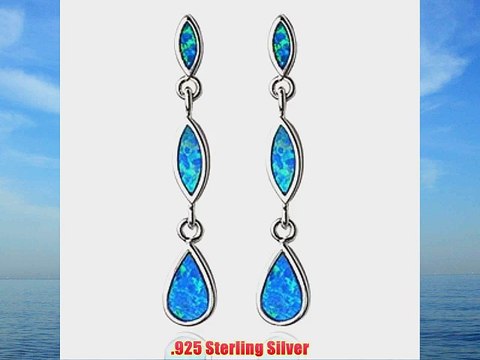 Sterling Silver Blue Opal Teardrop Dangle Fish hook Earrings - 36mm