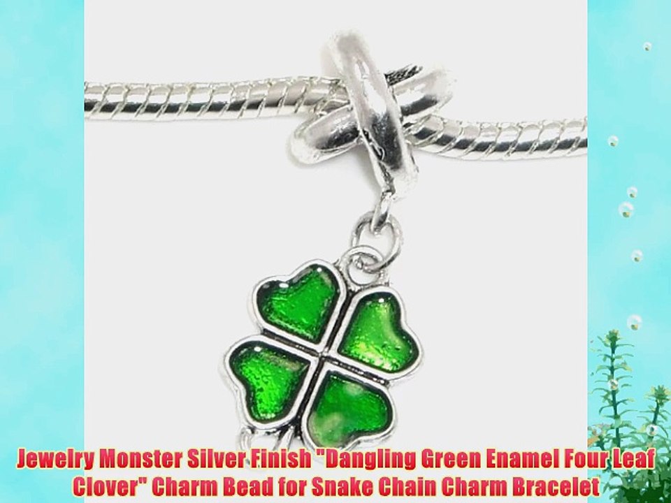 Jewelry Monster Silver Finish Dangling Green Enamel Four Leaf Clover Charm Bead for Snake Chain