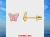 14k Gold Plated Pink Polkadots Baby Children Screw Back Butterfly Earrings 4mm