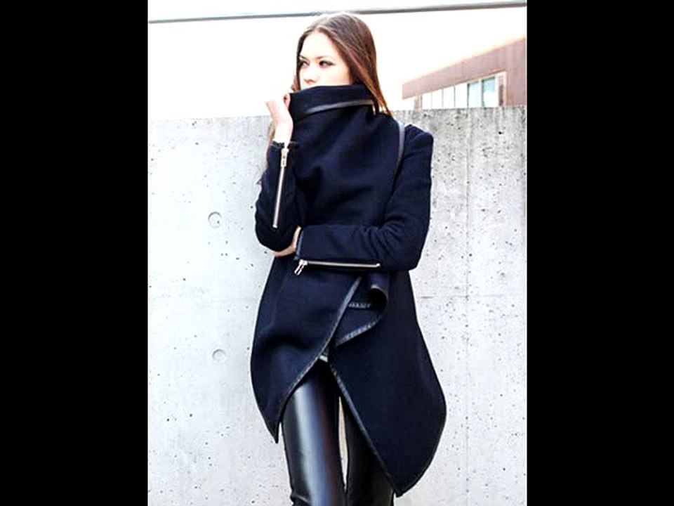 Women Trench Woolen Coat Irregular Turtleneck Jacket Zipper Slim Coat