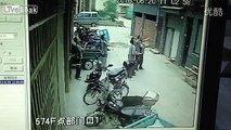 Six passing by couriers save 2 yo falling girl by blocking her with bare hands