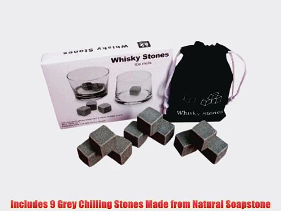 Chilling Stones - Set of 9 Grey Whisky Chilling Rocks in Gift Box with Muslin Carrying Pouch